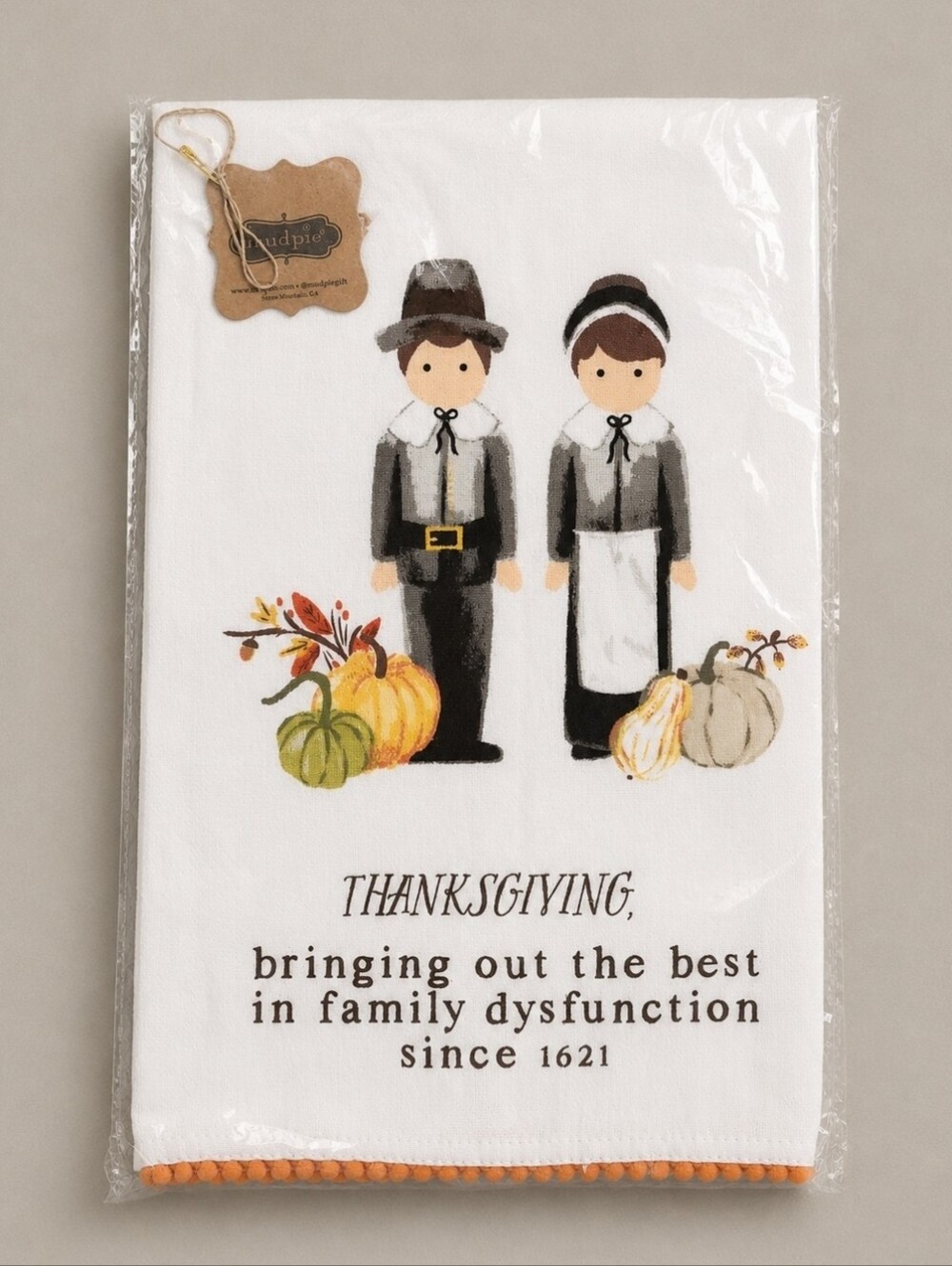 Mud Pie Thanksgiving Pilgrims Towel Family Dysfunction Pom Trim NWT